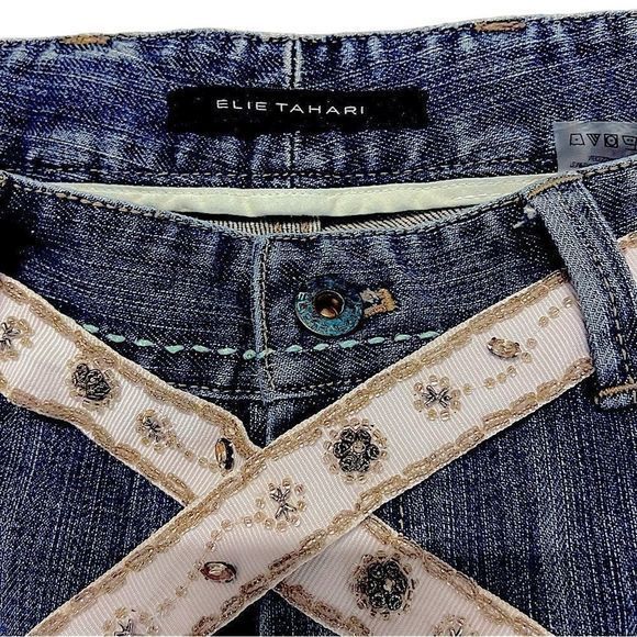 Elie Tahari Selvedge Denim with Cream Beaded Sash Belt Bootcut Jeans— SZ 12 EUC - Picture 3 of 11